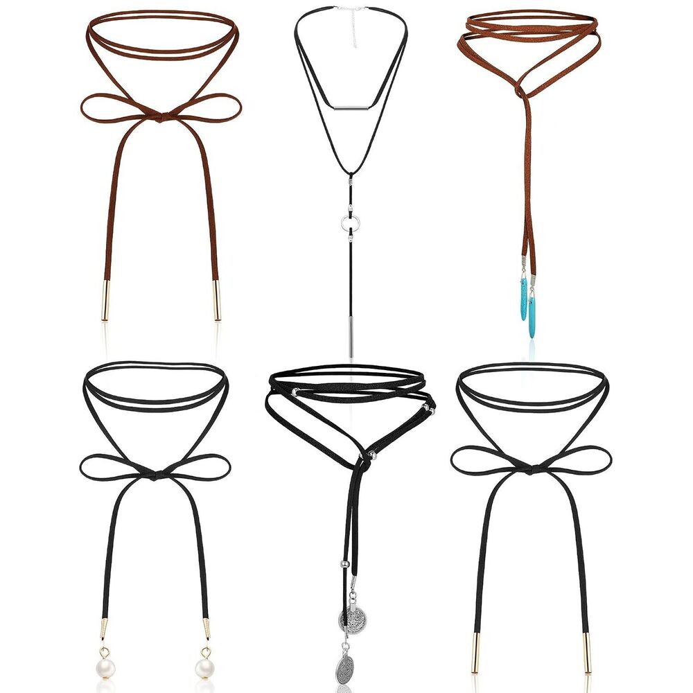6 Pcs Women Western Boho Necklaces Gothic Black Brown Necklaces Leather